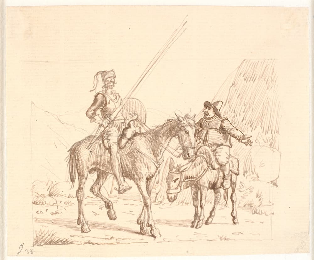 唐·吉诃德及桑·丘潘薩騎乘他(tā)們的(de)馬匹的(de)古老(lǎo)鉛筆(bǐ)畫(huà)，由威廉·馬斯特蘭德所繪。